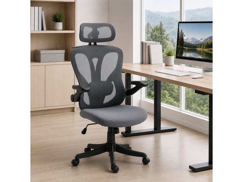  Chaise de bureau ergonomique avec accoudoirs rabattables, appui-tête et porte-manteau, gris foncé  - Conforama C