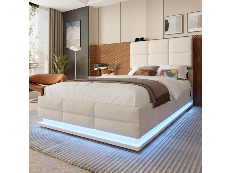 Lit coffre rembourré 90 x 200 cm, rangement hydraulique xxl, tête de lit réglable, led, usbtype-c, revêtement en velours, beige Bliss Lite - Conforama D