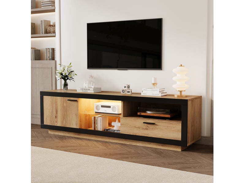  Meuble tv modenvie led 160 x 40 x 50 cm avec rangement noir et chêne  - Conforama E