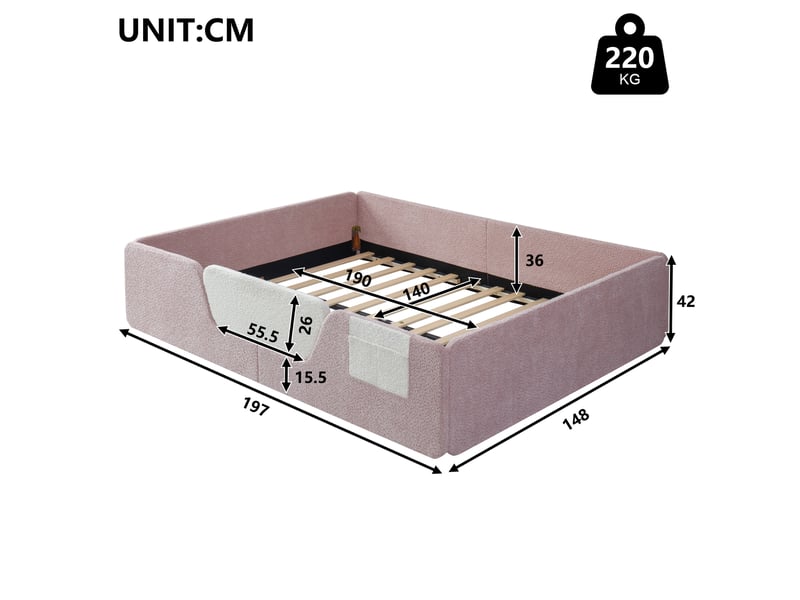  Lit enfant 140x190 cm avec barrières amovibles et poches en tissu rose  - Conforama C