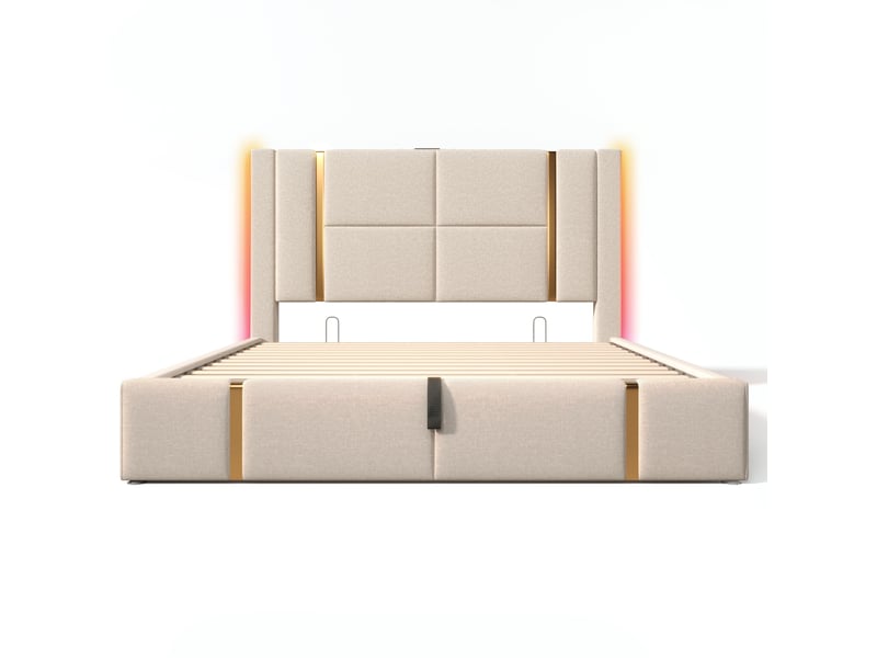  Lit led 160x200 avec matelas, lit coffre beige en lin avec sommier à lattes, led rgb et chargeur usb type-c  - Conforama A