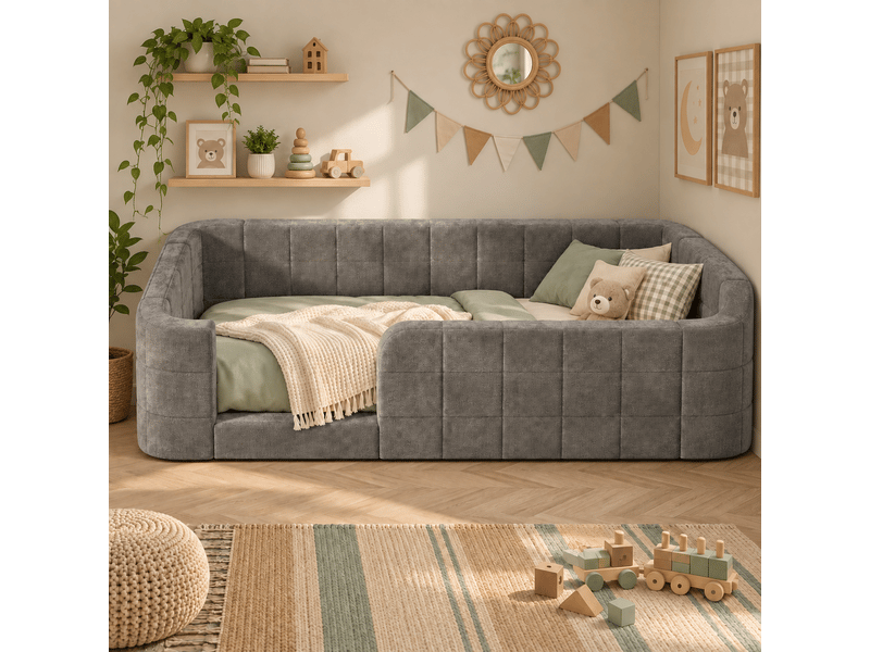  Lit au sol enfant 90x200 cm rembourré en chenille avec barrières de protection intégrales, entrée basse et sommier à lattes - gris  - Conforama D