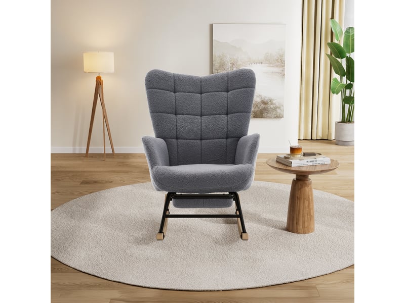 Fauteuil à bascule en tissu effet mouton gris, dossier haut, assise épaisse, repose-pieds intégré - Conforama D