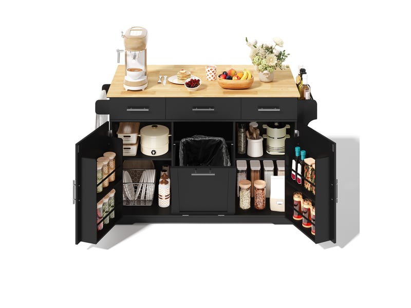  Ilot central de cuisine - 136x75x92cm - desserte avec plateau rabattable meuble poubelle prises et tiroirs - noir  - Conforama A
