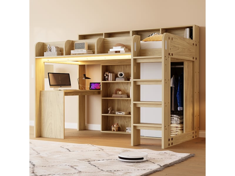 Lit mezzanine enfant 90x200 cm bois naturel, bureau, armoire, éclairage led et prises IKSETERA TRADING LTD - Conforama B