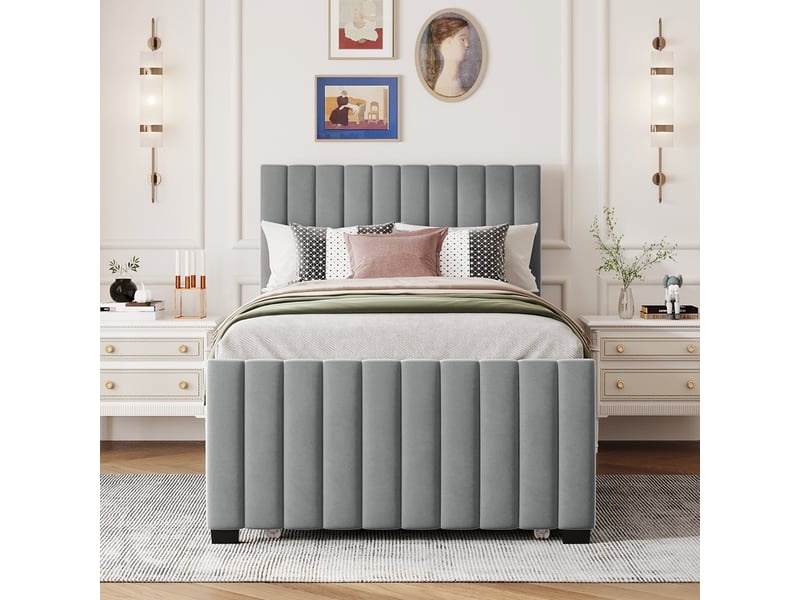  Lit simple rembourré 90 x 190 cm, avec lit gigogne, velours doux pour la peau, gris  - Conforama C