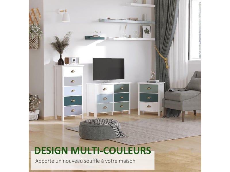 Chiffonnier commode meuble de rangement 5 tiroirs multicolores avec poignée métal coquille mdf - dim. 45l x 30l x 95,4h cm - Conforama D