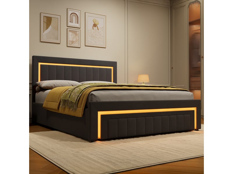  Lit coffre 2 places 160x200 cm avec 2 tiroirs et led, en velours gris  - Conforama E