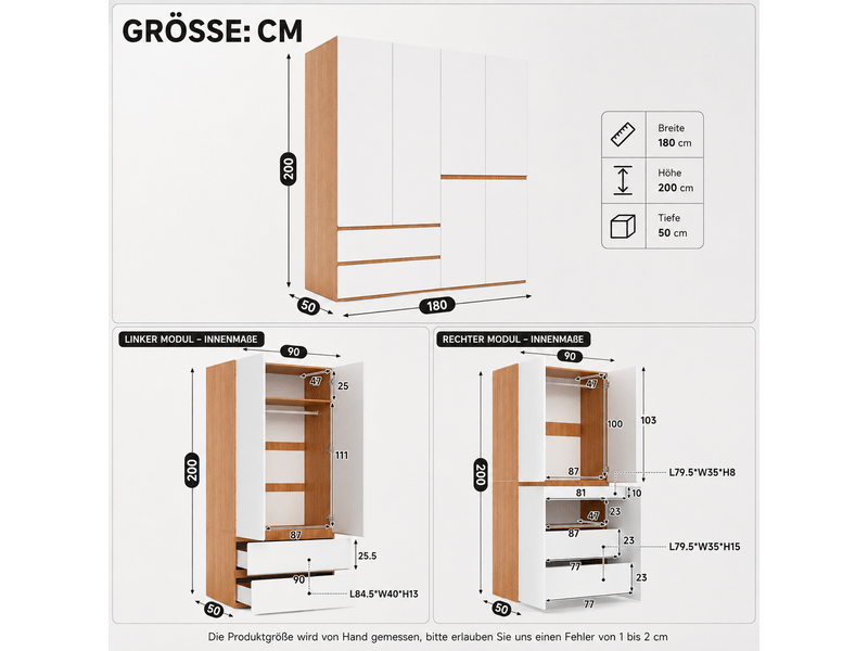  Armoire penderie 180 x 50 x 200 cm - 6 portes - 5 tiroirs - 2 barres de penderie - chêne artisan et blanc  - Conforama D