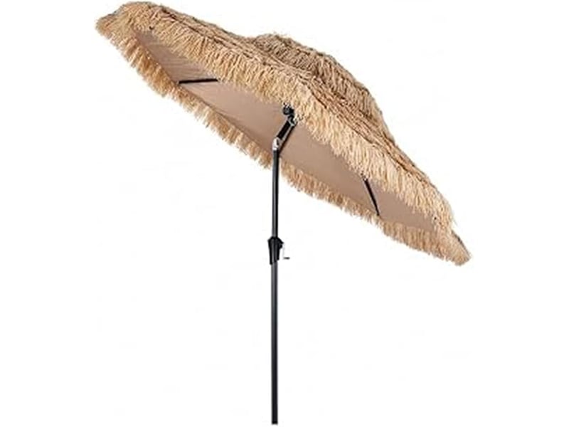  275cm parasol paille pe de jardin exterieur avec toit inclinable 30° | parasol terrasse exotique hawaien avec manivelle, 8 baleines  - Conforama A