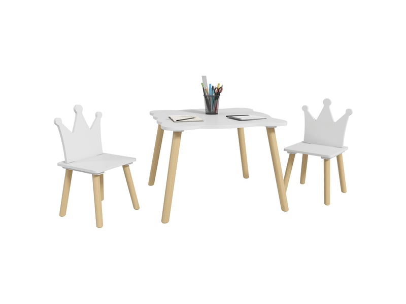  Ensemble table et 2 chaises pour enfants avec dossier en forme de couronne pour lire et dessiner, 60 x 60 x 44 cm, blanc et bois  - Conforama A