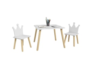 Ensemble table et 2 chaises pour enfants avec dossier en forme de couronne pour lire et dessiner, 60 x 60 x 44 cm, blanc et bois