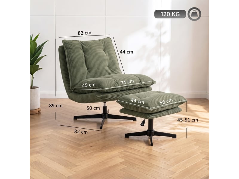 Fauteuil de salon - fauteuil lounge avec repose-pieds, pivotant à 360°, revêtement en velours côtelé, vert - Conforama D