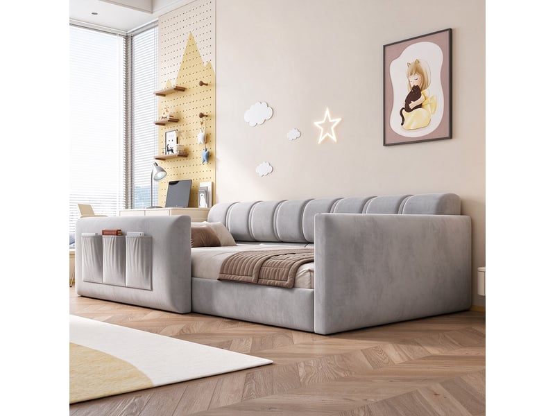  Lit banquette 90x200 cm, banquette-lit avec rangement, rangements intégrés, tête de lit rembourrée, support à lattes stable, tissu rembourré gris CozyNest - Conforama E