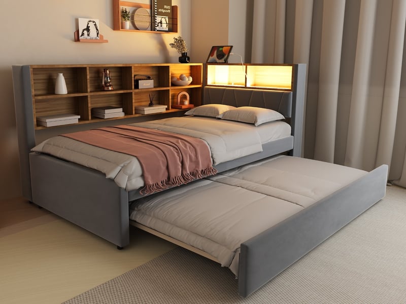 Lit gigogne 90×200 cm, avec lumières led, prises et nombreux rangements, lit capitonné, flanelle, gris foncé  - Conforama B