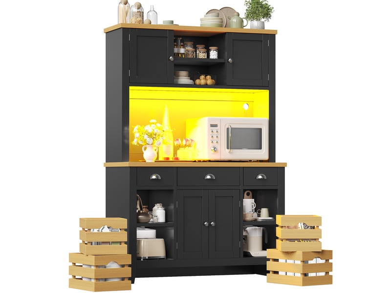  Buffet de cuisine haut 120x40x188 cm avec led rgb, plan de travail effet bois, 4 paniers amovibles, étagères réglables et fermeture douce, noir N620GG260801ER - Conforama A