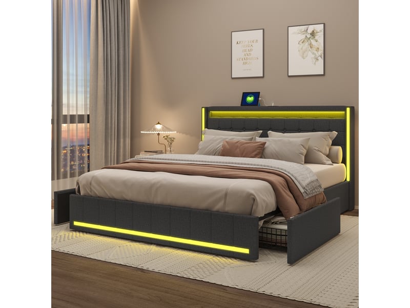  Lit 160x200cm - lit double 160x200 - avec tête de lit led, 4 tiroirs et prises usb type-c - tissu lin gris foncé  - Conforama C
