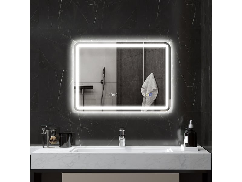  Miroir salle de bain bluetooth avec éclairage led 50 x 70 cm, miroir lumineux mural avec horloge, antibuée, argenté  - Conforama C