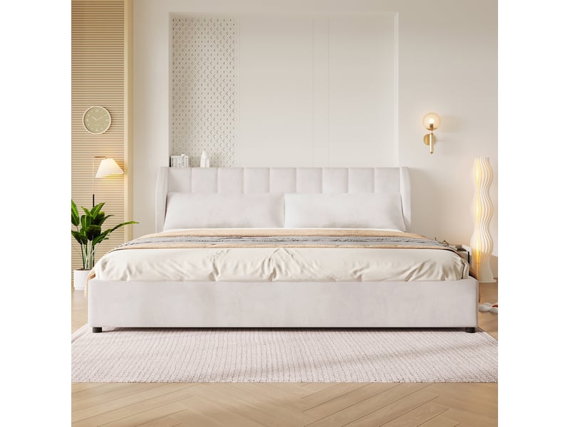  Lit plateforme 180x200 cm, sans matelas, 2 coussins, tête de lit à lignes verticales, en velours français beige  - Conforama D