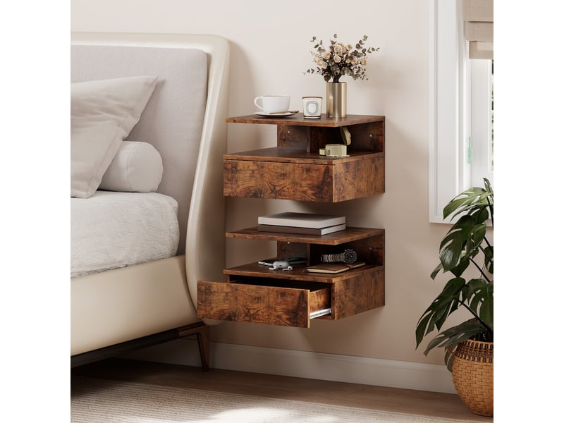  Ensemble de 2 tables de chevet suspendues avec tiroir et étagère ouverte, 35 x 32 x 22,5 cm, marron rustique  - Conforama C