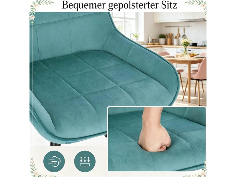  Lot de 4 chaises de salle à manger en velours turquoise, pieds métal noirs, dossier haut matelassé moderne  - Conforama D