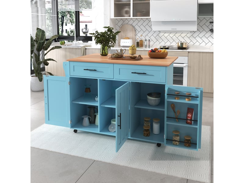 Îlot de cuisine desserte 129 × 46(71) × 91,5 cm plateau rabattable, 2 tiroirs et roulettes - lpospi - mdf bleu - Conforama B