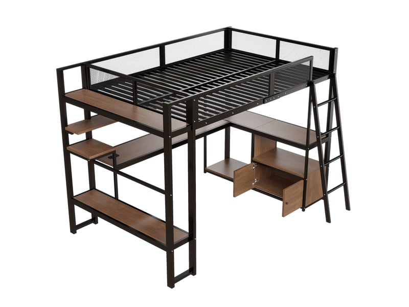  Lit mezzanine noir 140x200 cm en métal avec bureau intégré, led, station de charge, étagères et armoire de rangement  - Conforama E