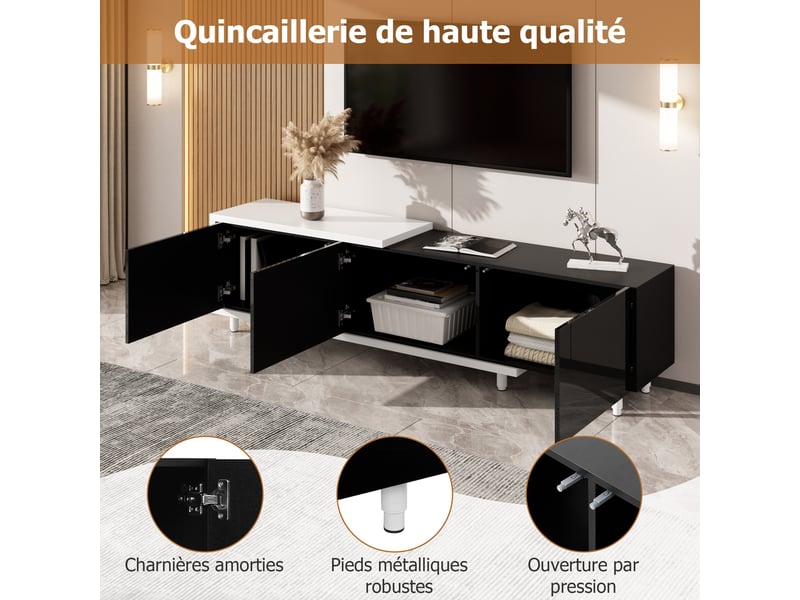  Meuble tv extensible avec 3 portes laquées brillantes, pieds métalliques, charnières silencieuses, noir et blanc  - Conforama E