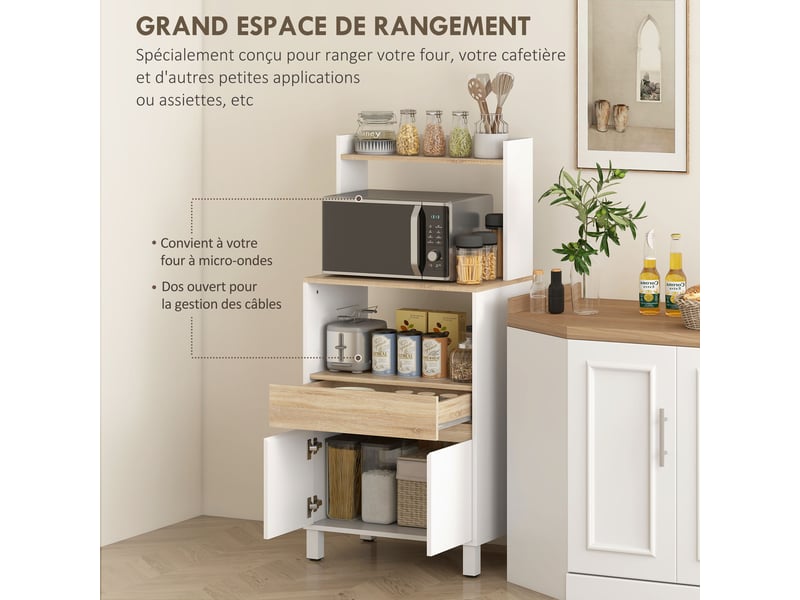 Meuble micro onde, 60 x 40 x 131 cm chêne et blanc, buffet cuisine avec placard tiroir étagère supérieur  - Conforama A