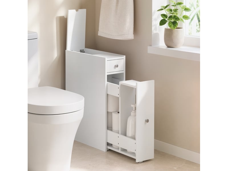  Meuble de rangement de salle de bain étroit blanc avec 2 tiroirs et niche ouverte, 48 × 16 × 58 cm, pratique au quotidien  - Conforama B