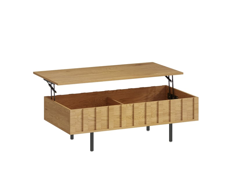  Table basse relevable avec 2 compartiments cachés et latéraux cannelés, style mid-century modern, 110x55x36,5cm, chêne  - Conforama B