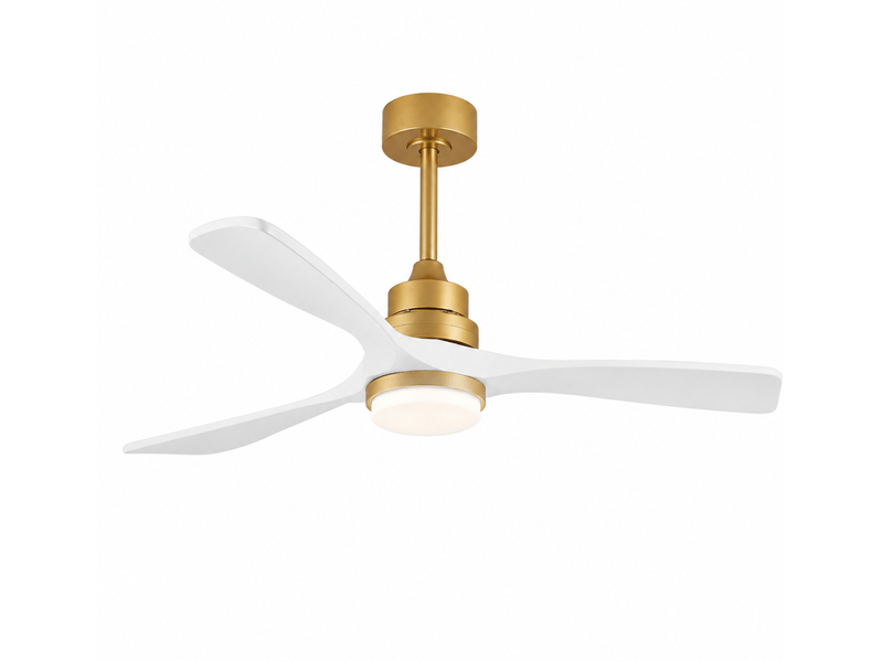 Ventilateur de plafond 132 cm avec lumière, télécommande, moteur dc silencieux, pales en bois massif, blanc et or - Conforama A