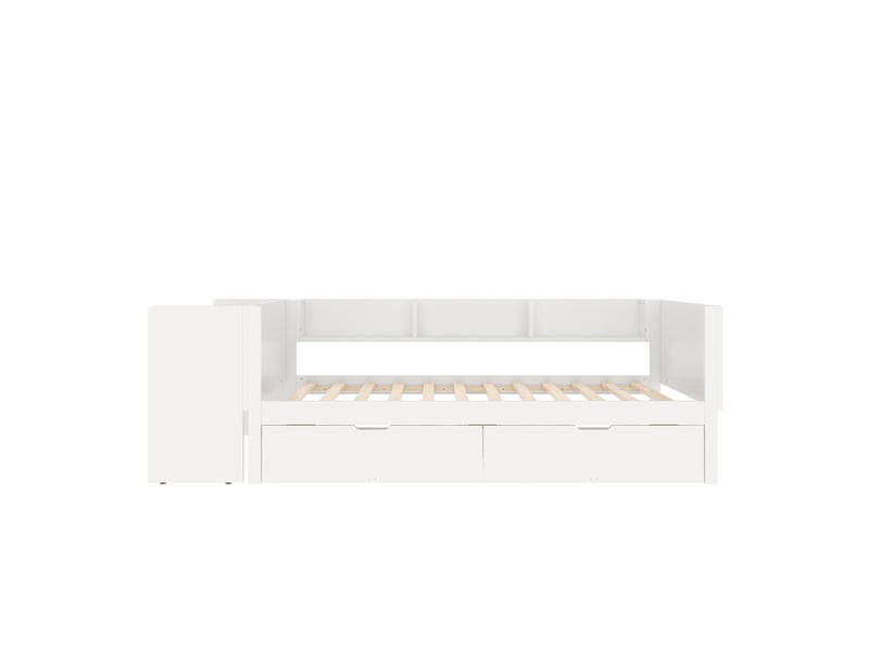  Lit enfant blanc 90x200 cm en bois, bureau, 2 tiroirs et étagères intégrés  - Conforama A
