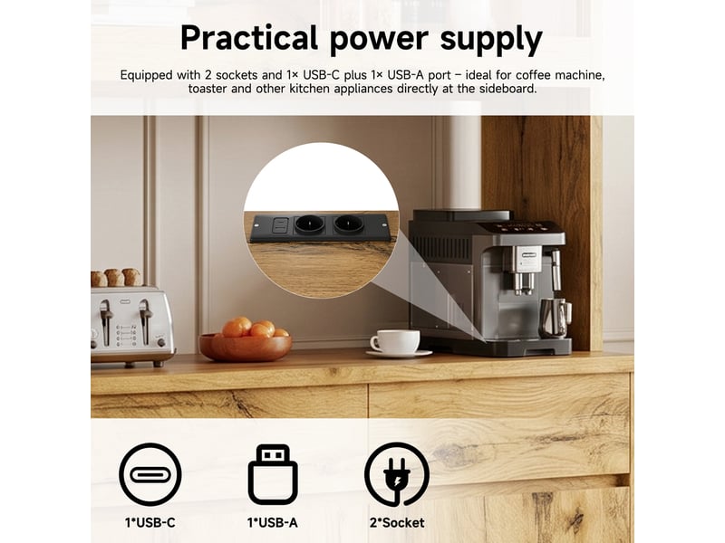 Buffet haut avec 2 portes vitrées, prises, charge usb et led pour salle à manger en panneaux 100×40×185 cm chêne - Conforama E