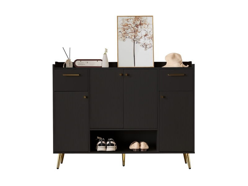  Meuble à chaussures ulevr avec rangement, 130 x 37 x 100 cm, 2 tiroirs, 4 portes et niche ouverte, panneau de particules noir  - Conforama A