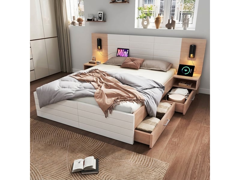  Lit double 160x200 avec 2 tiroirs et tables de chevet, tête de lit avec liseuse et port usb, blanc et chêne  - Conforama D