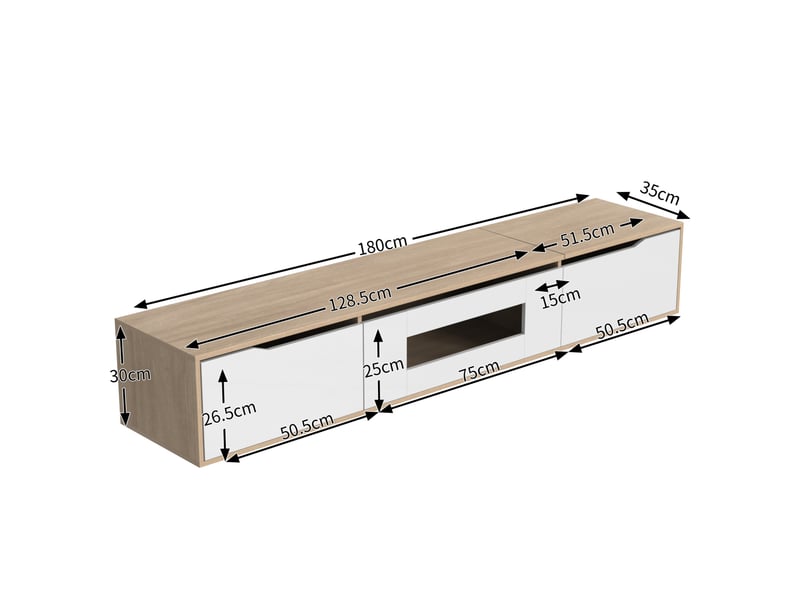  Meuble tv avec éclairage led, en panneau de particules, blanc brillant et effet bois  - Conforama E