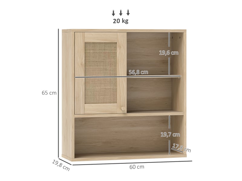  Armoire murale salle de bain, porte coulissante en rotin, bois naturel, 60 x 19,8 x 65 cm  - Conforama E