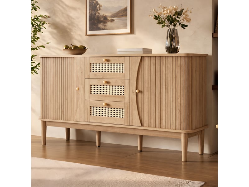 Buffet 141x40x77 cm avec 2 portes coulissantes et 3 tiroirs en rotin, commode avec étagères réglables et plateau arrondi, finition bois et rotin OPULERANE TRADING LTD - Conforama E