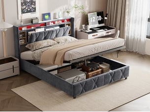 Lit coffre 140x200 cm avec tête de lit - leds rgb - velours gris - prises usb et type-c - sommier à lattes et espace de rangement hydraulique