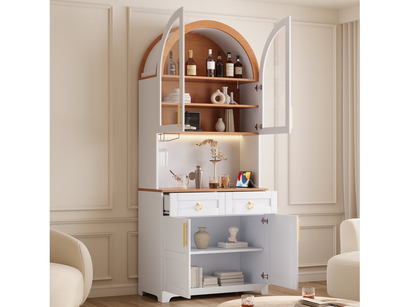 Buffet 80x40x180 cm avec vitrine en verre cintrée, éclairage led, prise intégrée et usb, 2 tiroirs, mdf, blanc - Conforama E