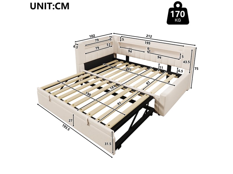  Lit gigogne 90x200 cm extensible en 180x200 cm, led et usb-c, revêtement lin beige, banquette-lit multifonction  - Conforama C