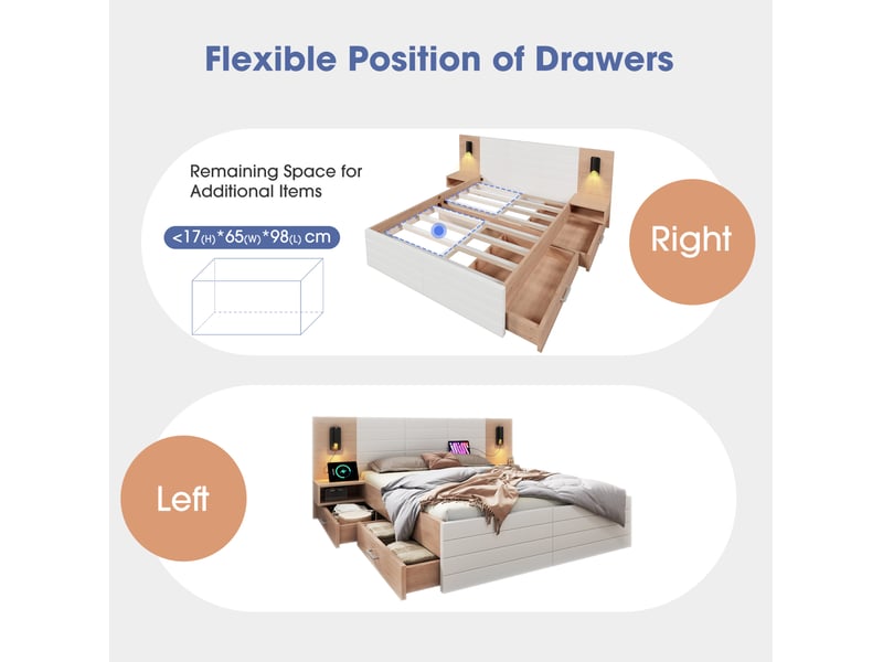  Lit avec tiroirs 140 × 200 cm 2 places, lampe orientable, usb et matelas inclus, blanc et chêne clair  - Conforama E