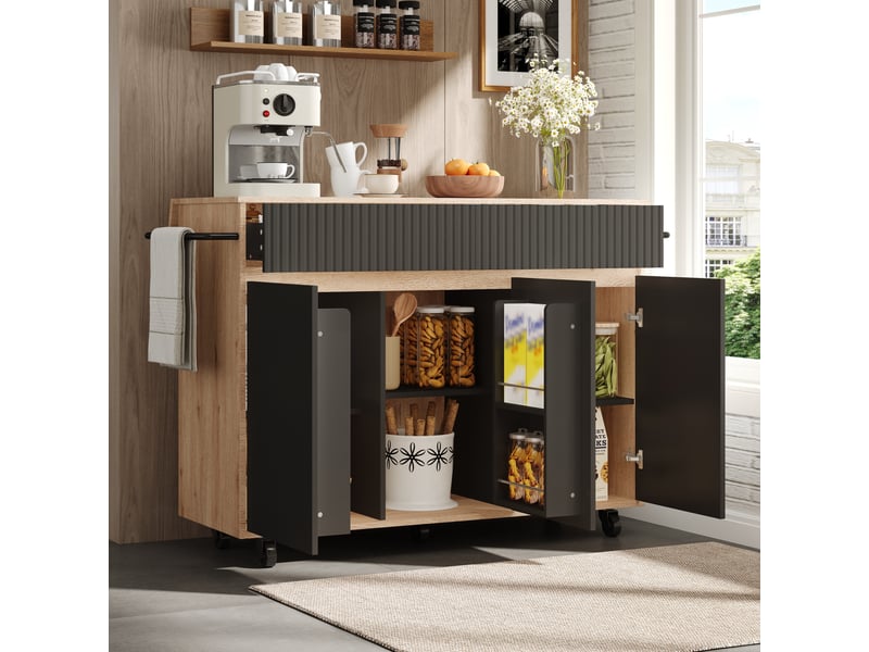  Îlot de cuisine mobile avec plateau rabattable, desserte noire et naturelle 120 x 65 x 91 cm  - Conforama R