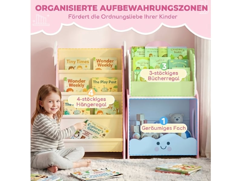 Bibliothèque enfant 3 en 1 85,5 x 32 x 72 cm rose et blanche en mdf, rangement pour livres et jouets - Conforama E