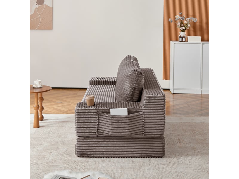  Canapé-lit convertible 2-en-1 en velours côtelé, avec 2 coussins, porte-gobelets intégrés et poches de rangement latérales - marron  - Conforama D