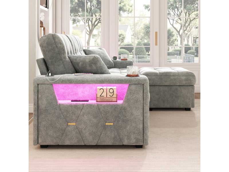  Canapé d’angle 3 places en chenille 194,5x133x83 cm, avec usb-c et led, porte-gobelets, rangements latéraux, 2 tiroirs et pouf coffre, gris  - Conforama E