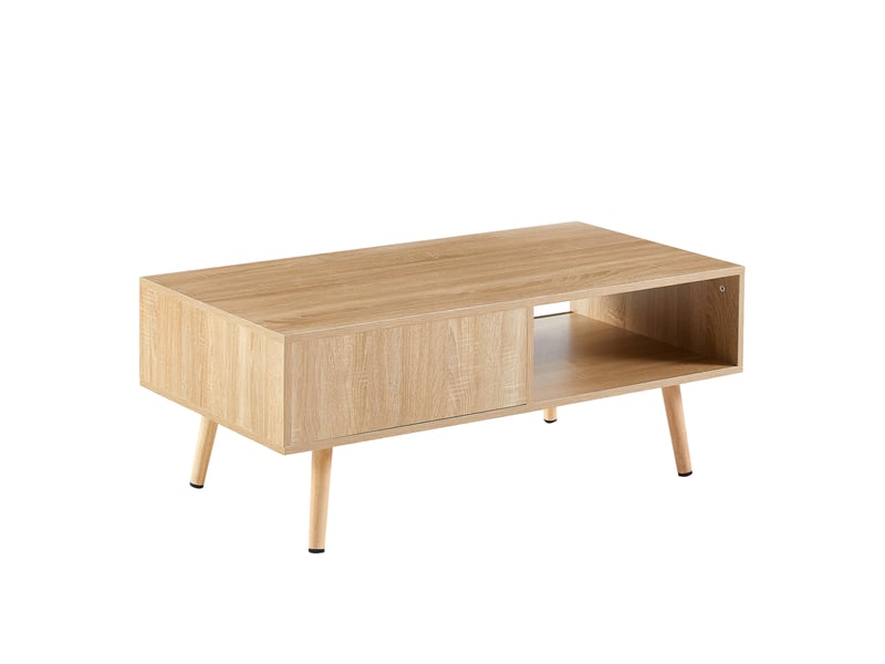  Table basse moderne tressée avec portes coulissantes, bois massif naturel, 105 × 55 × 40 cm  - Conforama E
