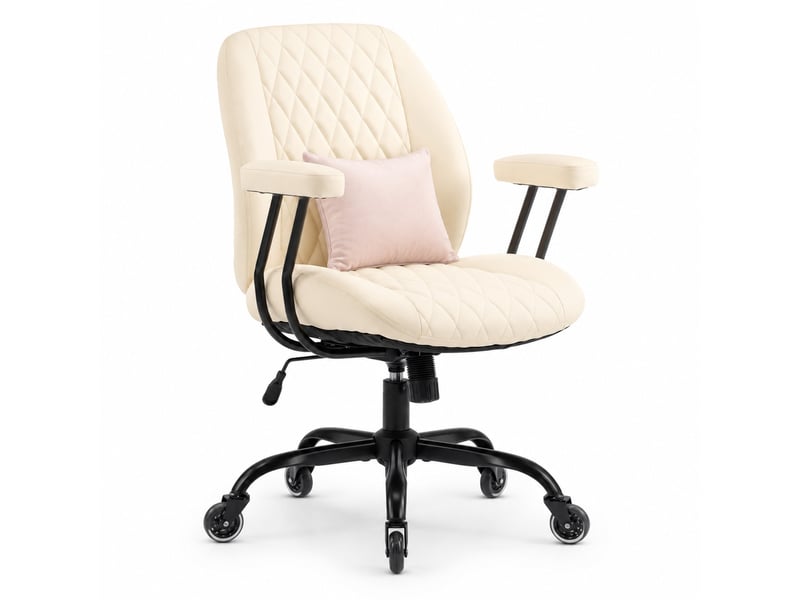  Fauteuil de bureau crème en cuir, réglable en hauteur, avec roulettes et accoudoirs amovibles  - Conforama A