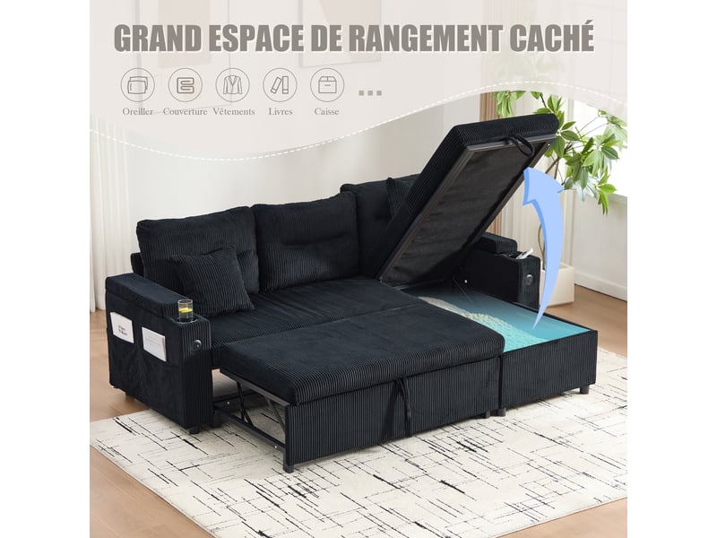  Canapé d’angle convertible 3 places noir en velours côtelé 212,5x136x86 cm avec coffre, usb-c et porte-gobelets W2845S00509 - Conforama R